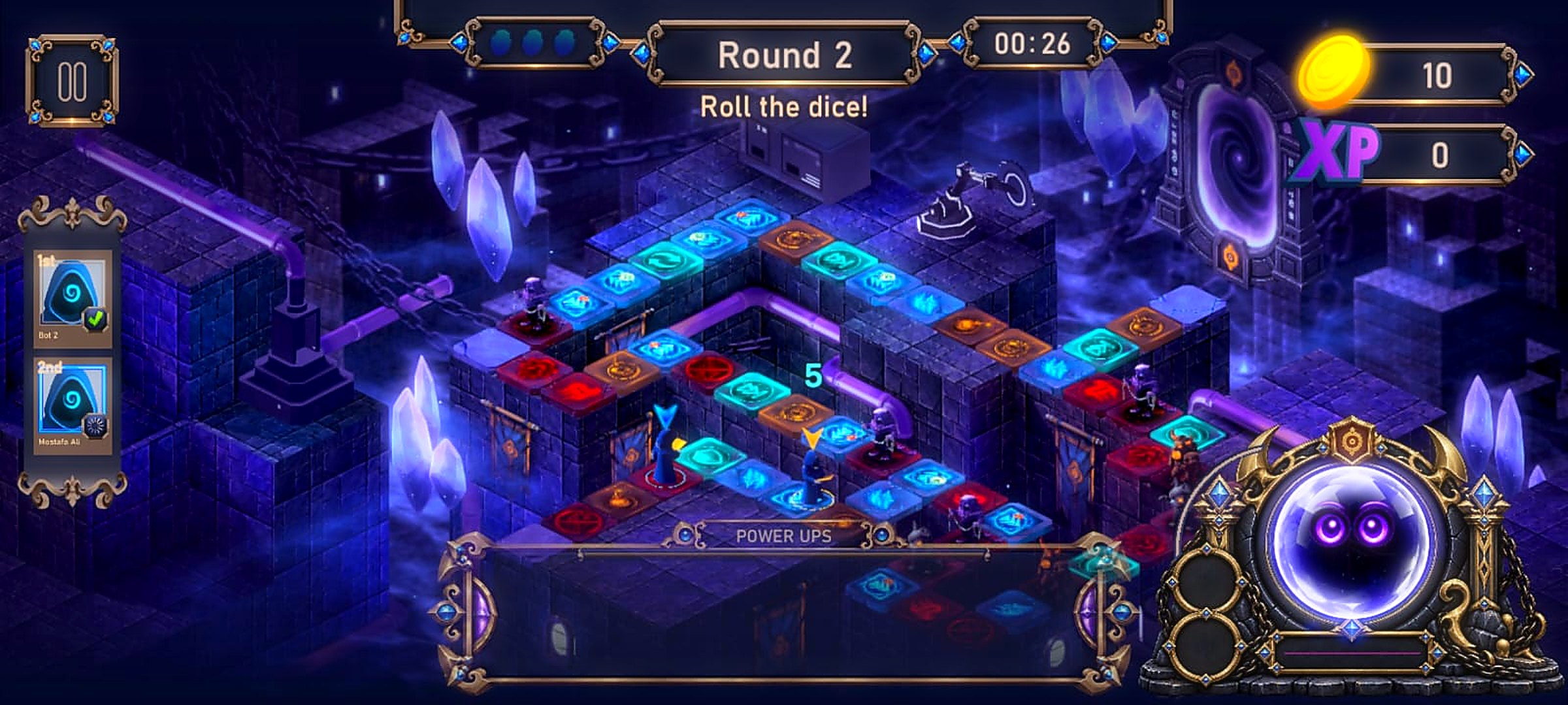 Sprintlab gameplay screenshot: hooded racers move across an isometric fantasy board of glowing tiles beside crystals and a swirling portal, with the round number, timer, coins, XP, player rankings and a power-ups tray on screen.